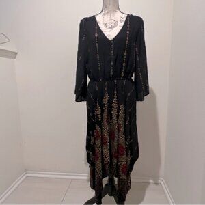 Lapogee High/Low Dress L Black with Gold and Red Design Pattern 3/4 Bell Sleeves